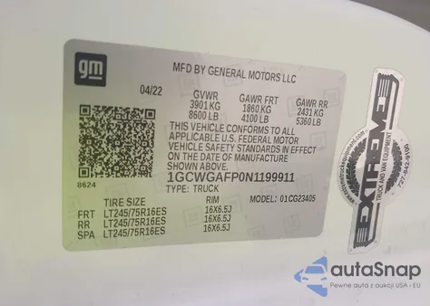 2022 Chevrolet Express Cargo Rwd 2500 Regular Wheelbase Wt from USA, damaged, VIN 1GCWGAFP0N1199911